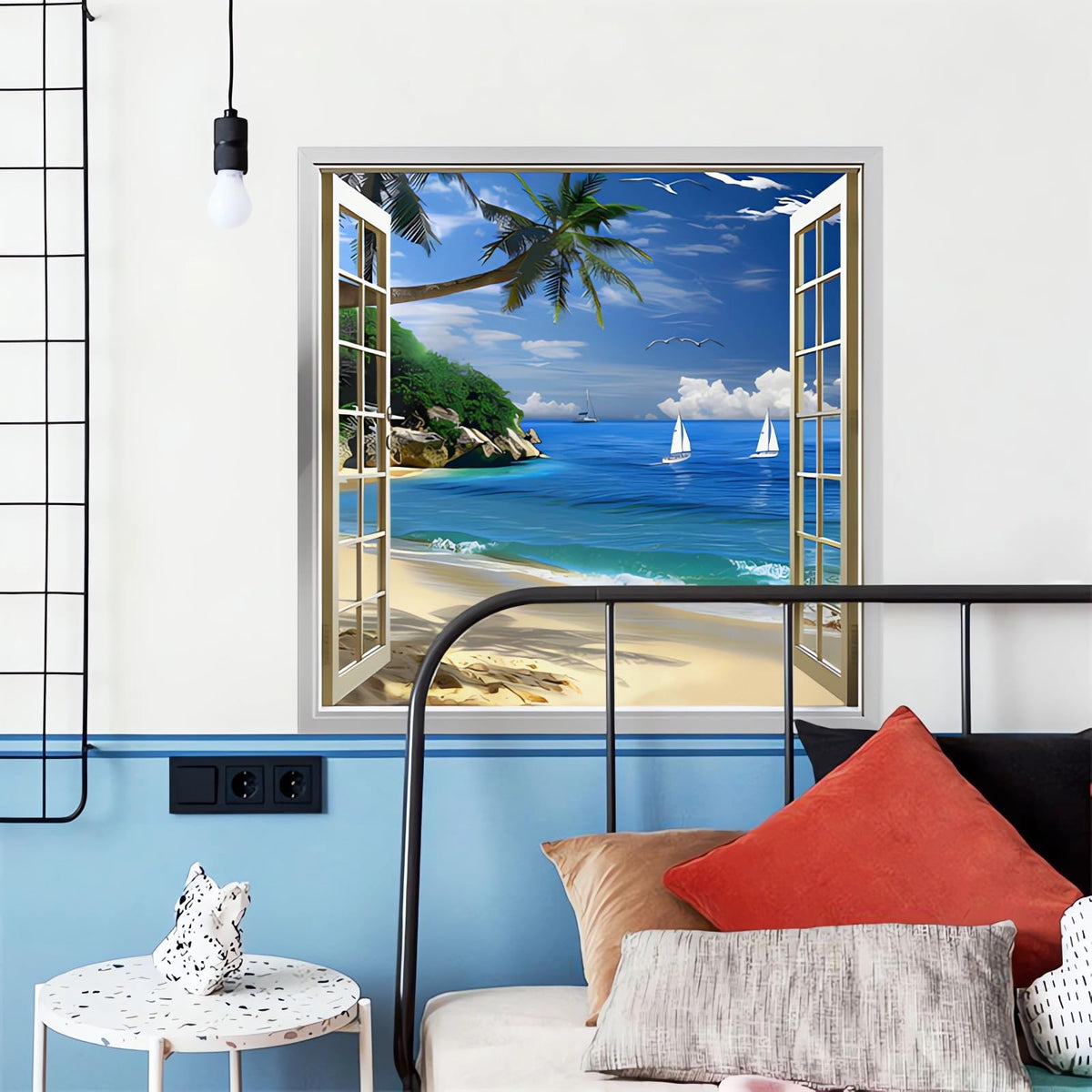 Seafront Beach Coconut Tree Fake Window Wall Stickers, sacinora 3D Seashores Seascape Wall Decals Removable Vinyl Peel and Stick Living Room Bedroom Art Home Decorations