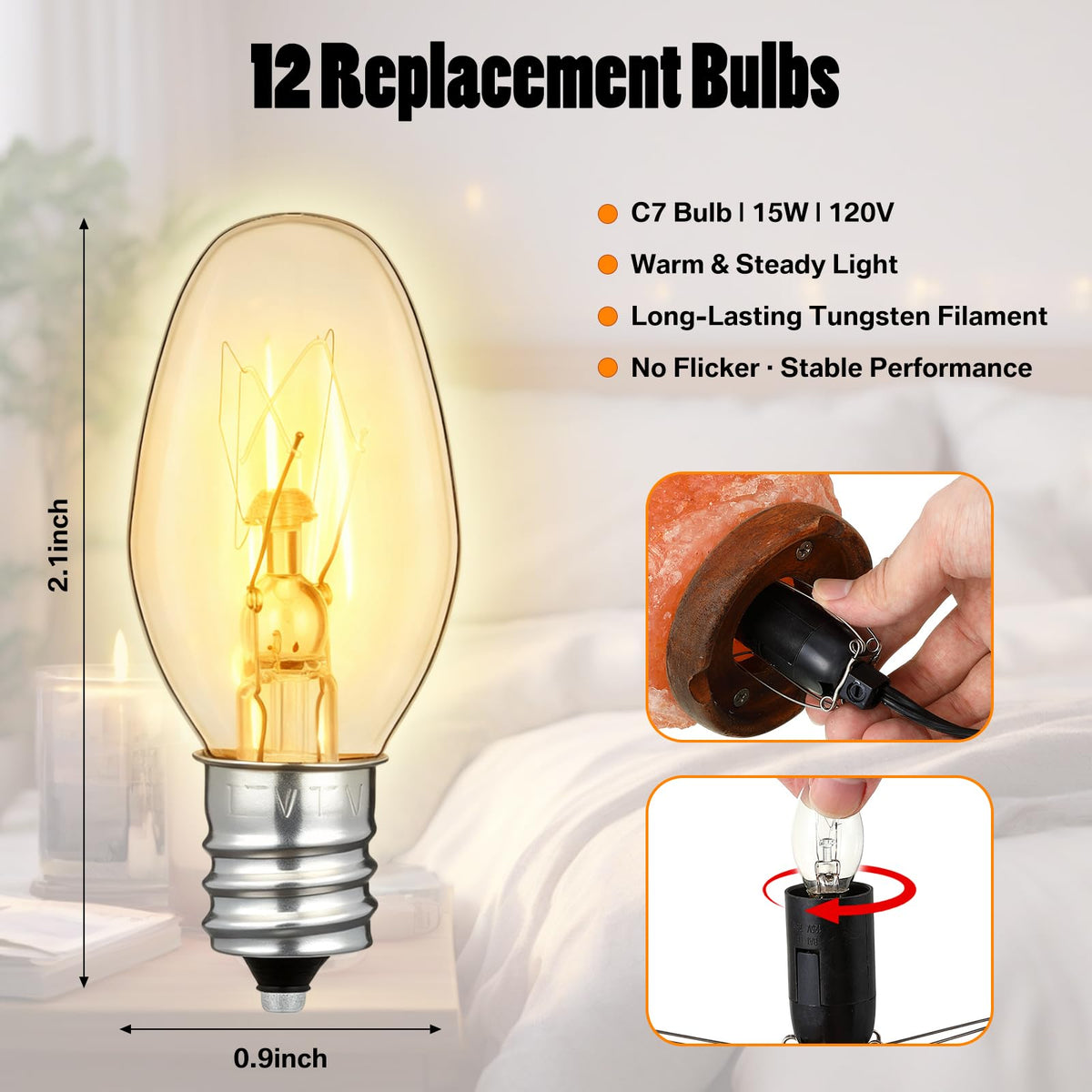 VIHOSE Salt Lamp Cord Replacement Set 4 Pack 5.9FT Power Cord with Dimmer Switch 12 Pcs C7 15w Lights Bulbs for Himalayan Rock Lamps Night Lights Decorative Replacement Accessory