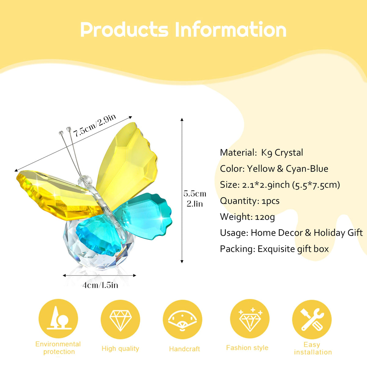 H&D HYALINE & DORA Crystal Butterfly Figurines Gifts for Women, Flying Butterfly Collectible Figurines Paperweights for Tabletop Home Decor (Yellow & Cyan-Blue)