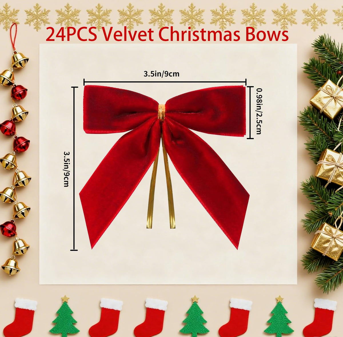 24 Pcs Red Small Velvet Christmas Bows for Christmas Tree Decorations, 3.5 Inch Xmas Velvet Ribbon Bow Ornaments for Christmas Farmhouse Tree Wreath Garland DIY Craft Gift Wrapping Decorative, 1" W
