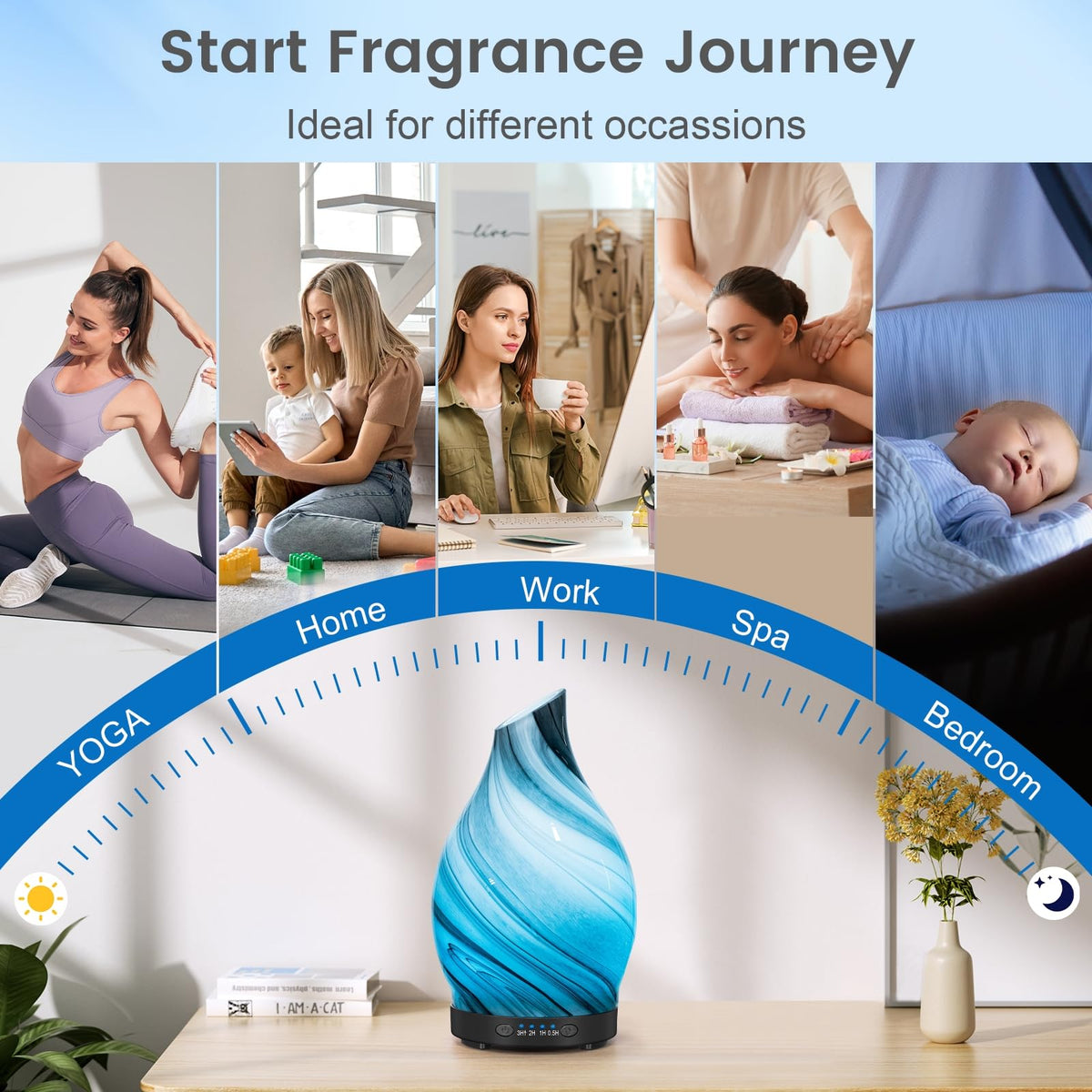 JOYOLO Essential Oil Diffuser, 120ML Glass Aromatherapy Diffuser with Auto Shut-Off and 7 Color LED Lights, Ultrasonic Mist Humidifier with 4 Timer for Home Office Bedroom (Gray Wave)