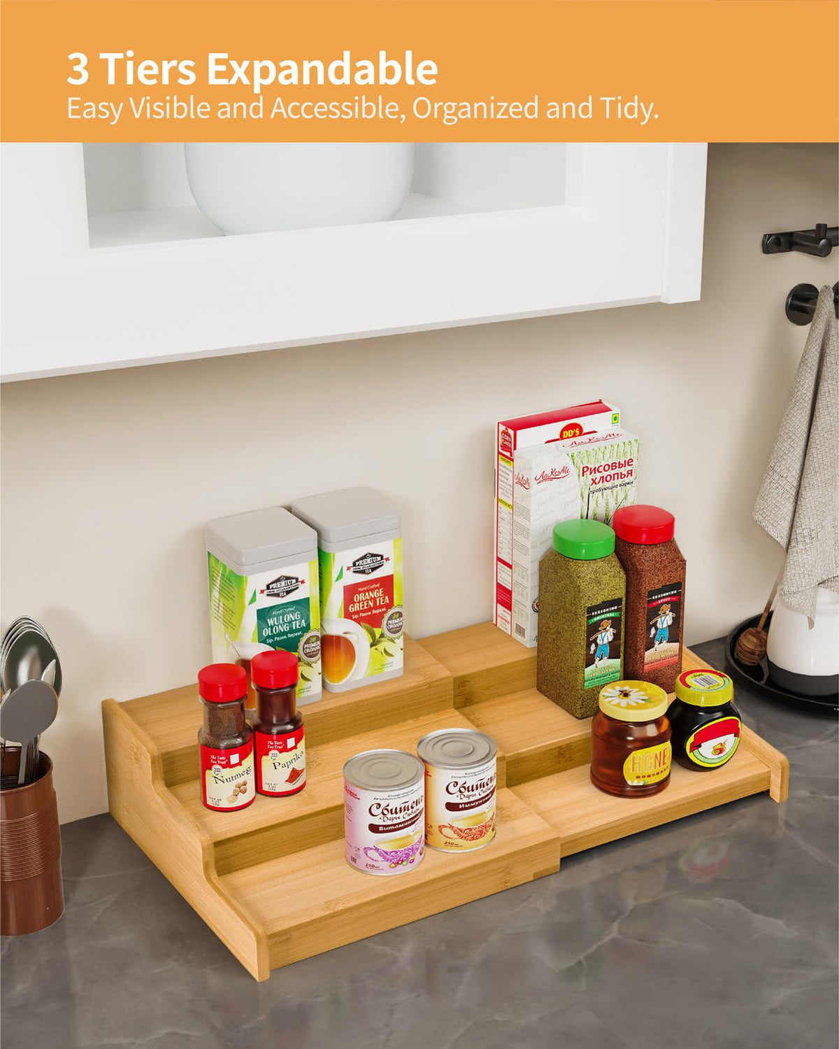 VenDotbi Spice Rack, 3-Tier Expandable Bamboo Spice Rack Organizer for Cabinet - Kitchen, Pantry and Cupboard Storage Organizer