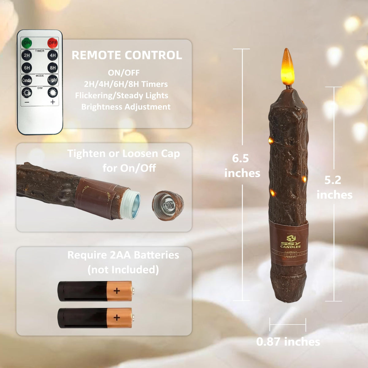 XINAOBAOLUO 6.5 inch Flameless Brown Taper Candles Flickering with 10-Key Remote, Battery Operated Led Warm 3D Wick Light Window Candles Real Wax Pack of 4, Christmas Home Wedding Decor