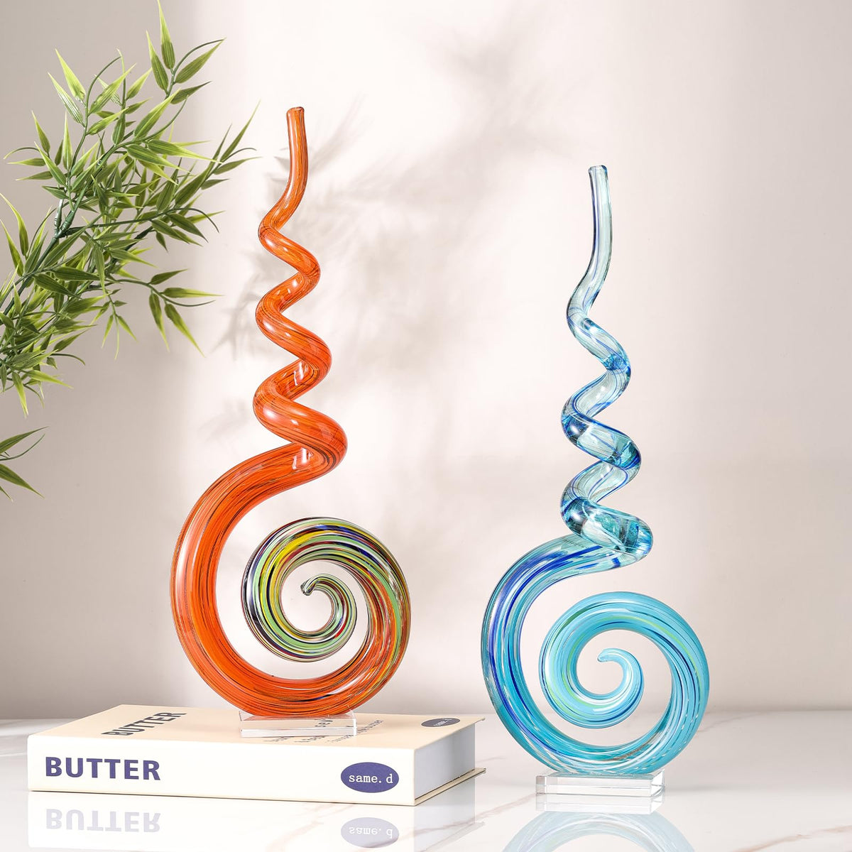 15" Tall Hand-Blown Murano-Style Glass Sculpture Statues Art Ornament Statue Figurines Home Decor Accent Piece Coastal Ocean Nautical Home Decor,Shelf,TV Stand,Tabletop Centerpieces,Wonderful Gift
