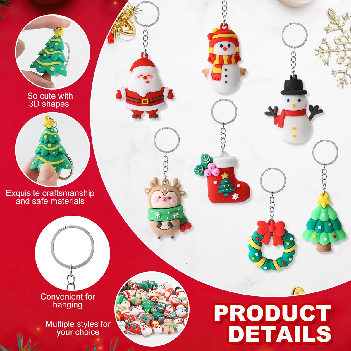42 Pcs Christmas Keychains Bulk, 3D Santa Claus Snowman Xmas Tree Reindeer Hanging Ornaments with Key Rings for Christmas Party Favors, Adults Christmas Giveaways