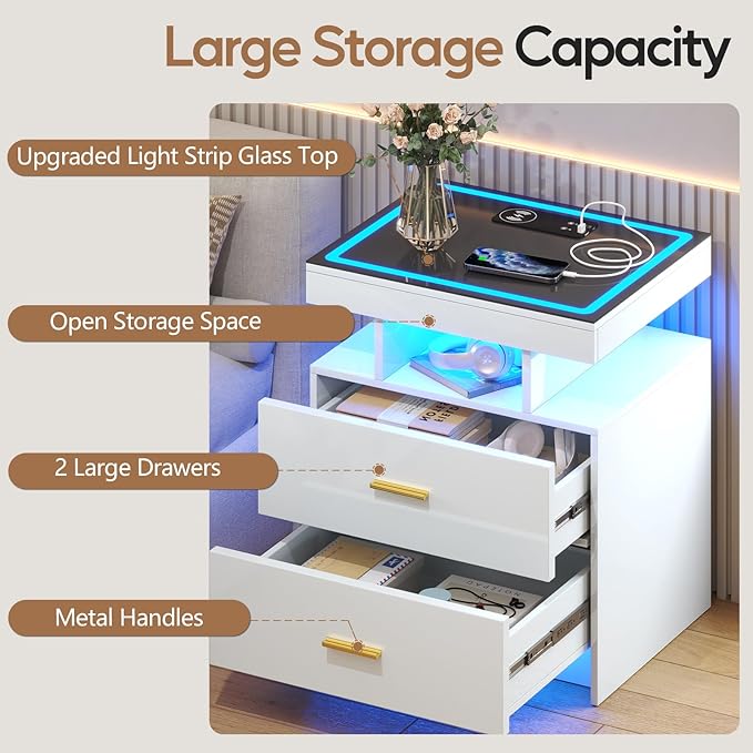 LED Nightstand with Wireless Charging Station, Glass Top Smart Bedside Table