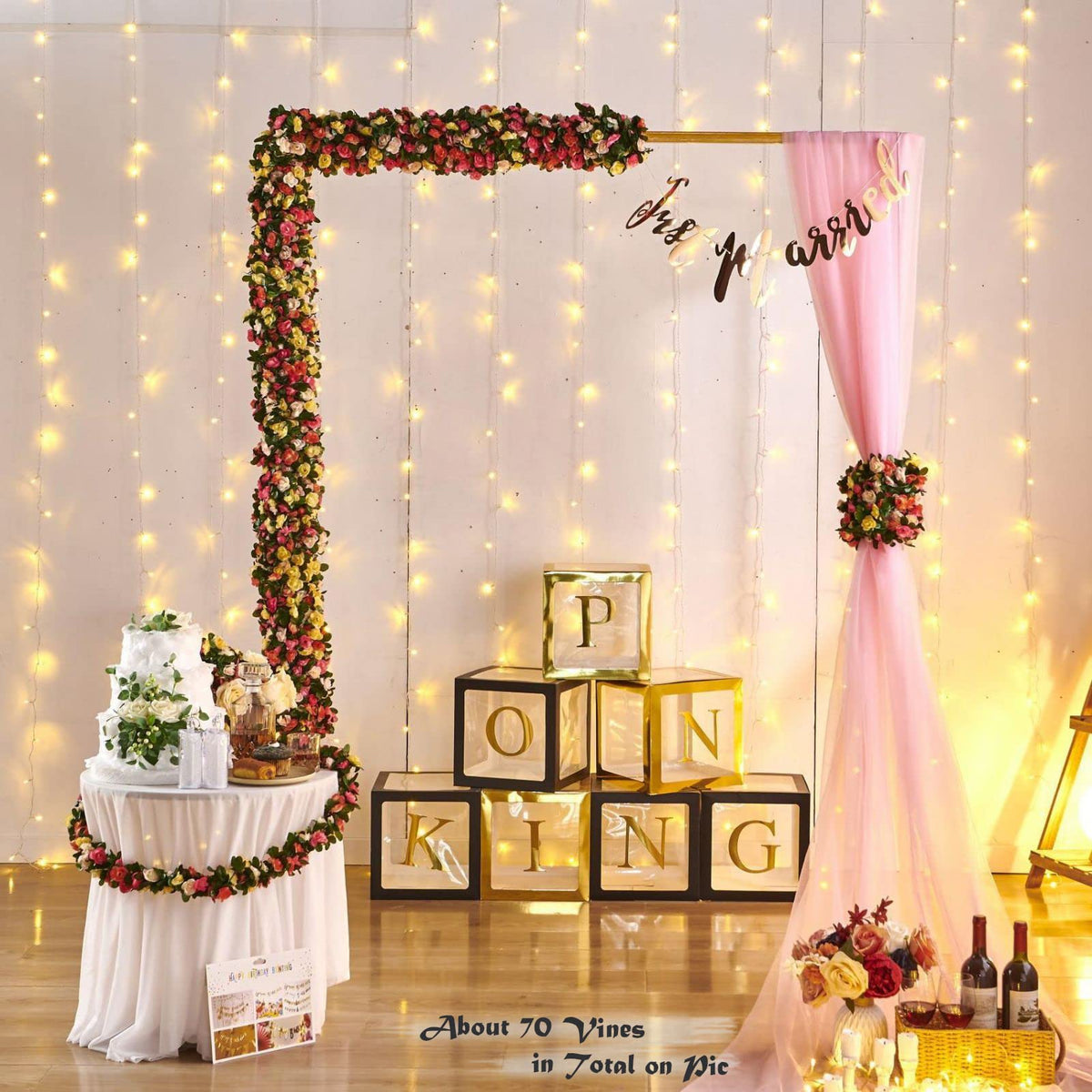 PONKING Flower Garland 8 Pcs x 8.2 ft Artificial Rose Vine Flowers with Green Leaves Hanging Fake Roses Vine for Room Party Home Wedding Birthday Christmas Wall Arch Decor, Spring Pink Flower
