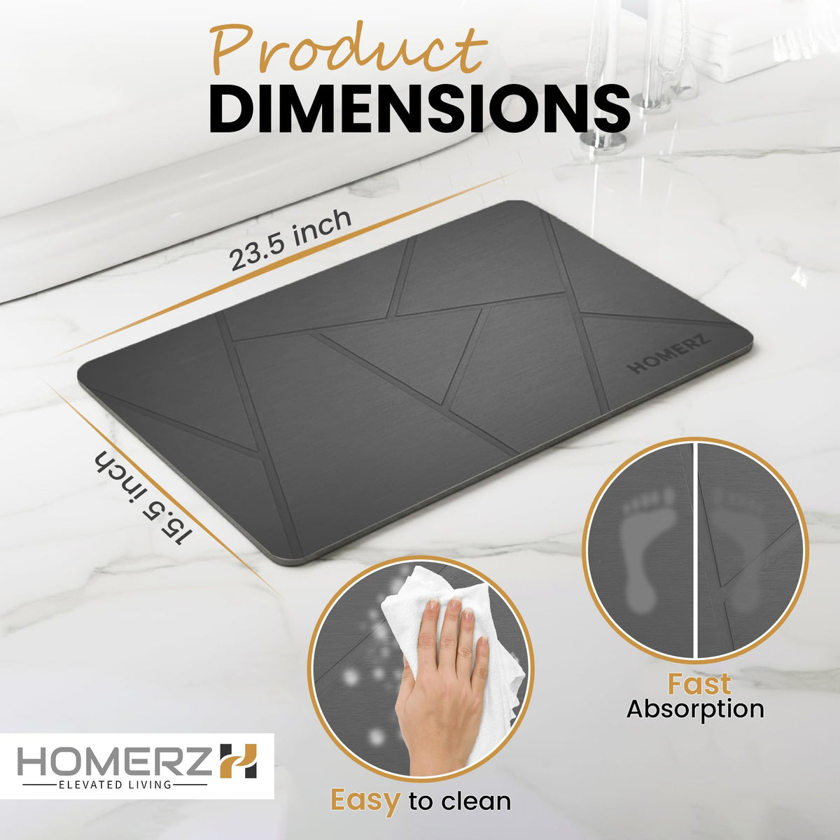 Homerz Stone Bath Mat – Premium Diatomaceous Earth Bath Mat, Rock Absorbent Bath Mats for Bathroom, Modern Stone Drying Mat, Shower Mat Outside Shower, Tapetes para Baño 23.6"x15.3" Gray