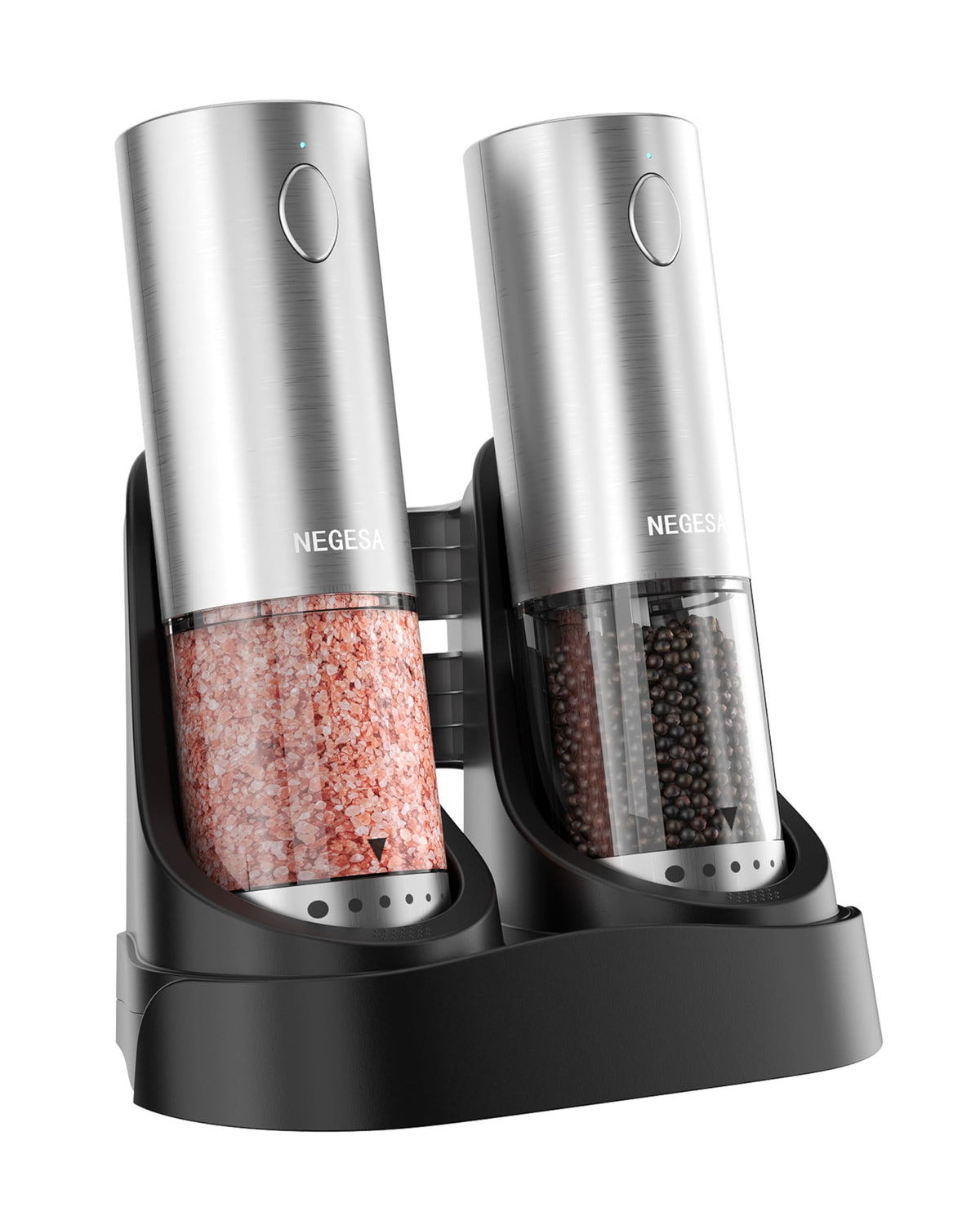 Electric Salt and Pepper Grinder Set with Rechargeable Base - Automatic Refillable Electric Salt and Pepper Shakers with Large Capacity, LED Light & Adjustable Coarseness, Stainless Steel