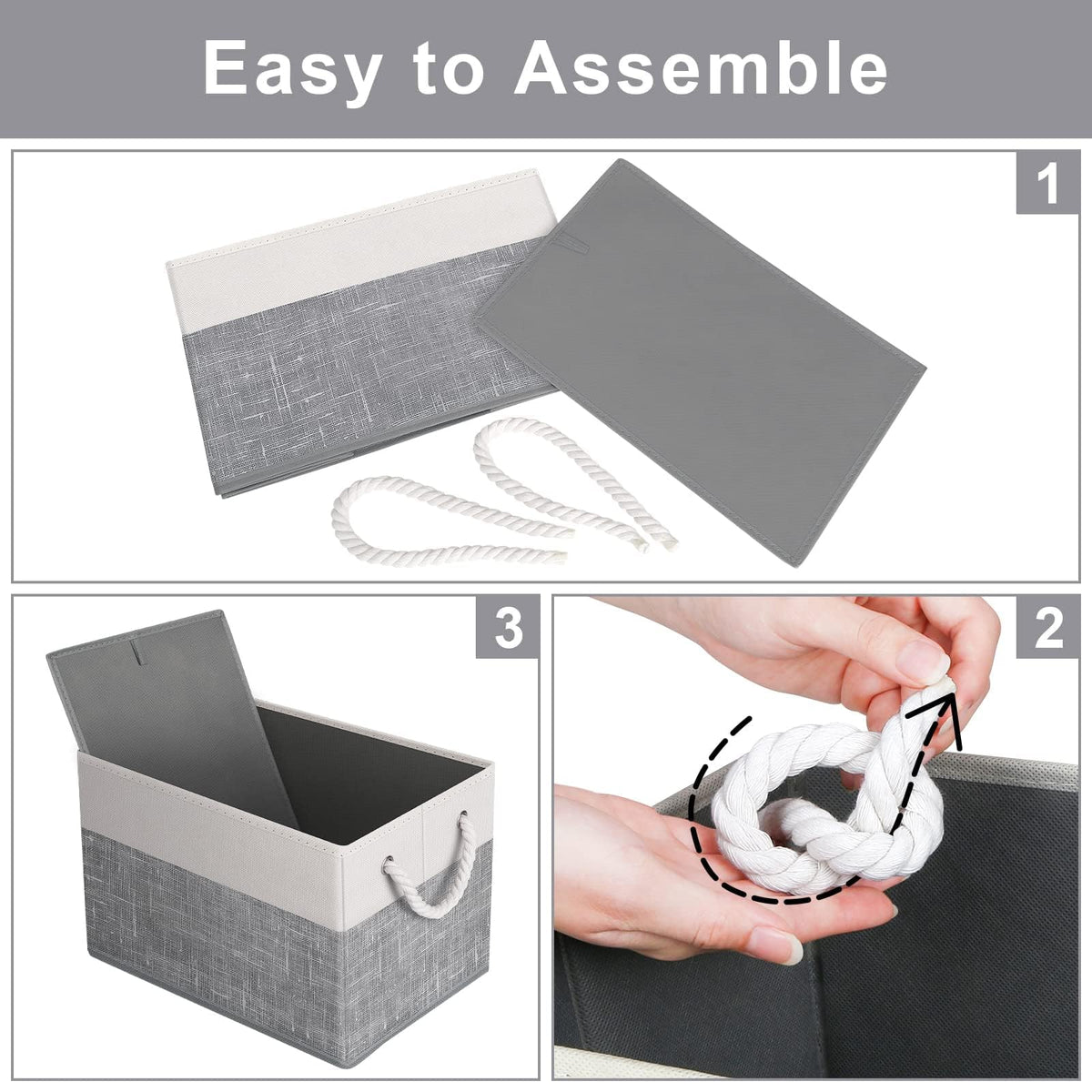 Fab totes Storage Bins 3-Pack, Foldable Storage Baskets for Organizing Toys, Books, Shelves, Closet, Large Storage Box with Rope Handles, Sturdy Organizer Bins, White & Grey