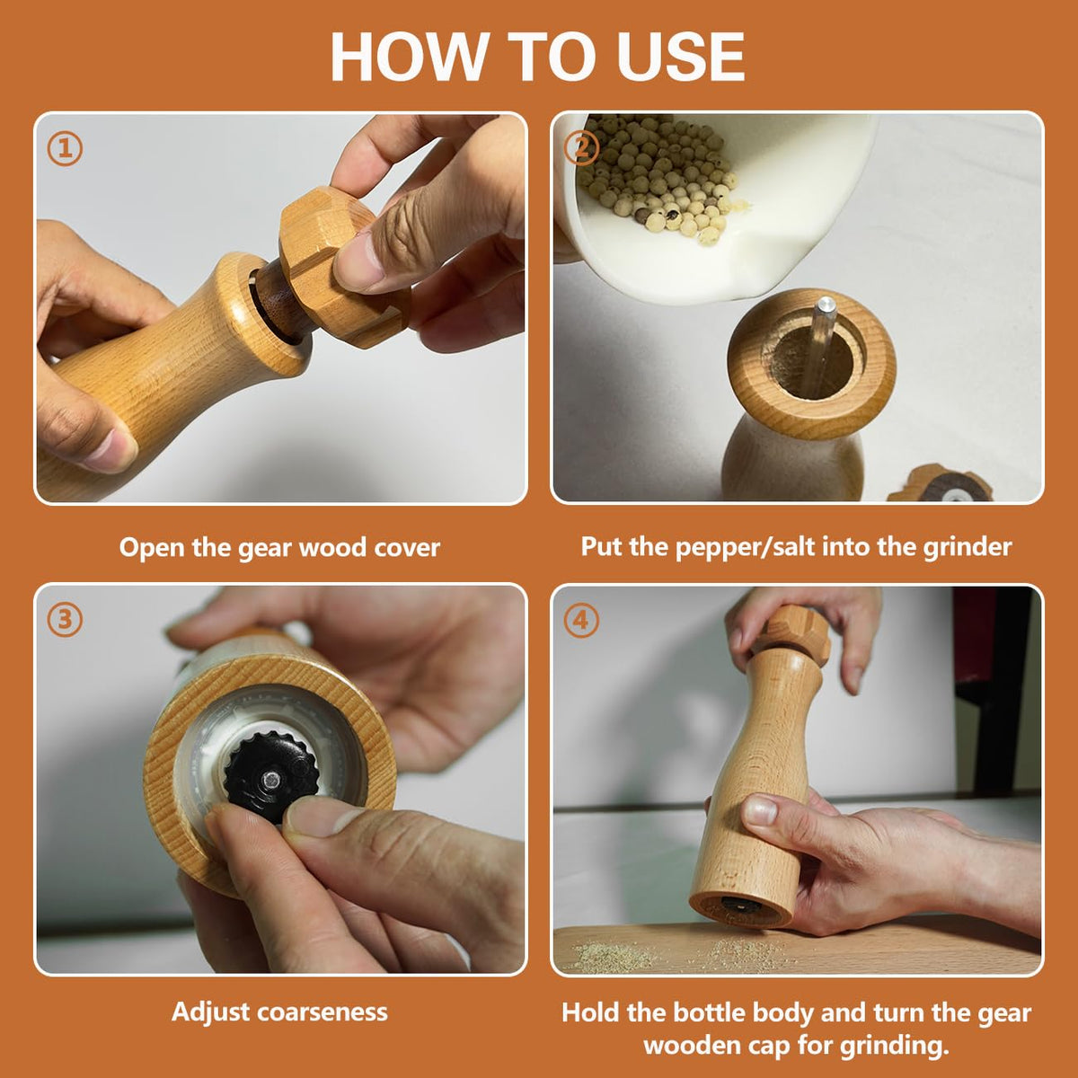 Wooden Salt And Pepper Grinder Set –【Gear-Shape Knob & Effortless Grinding】8 Inch Manual Refillable Pepper Grinder Set (2)