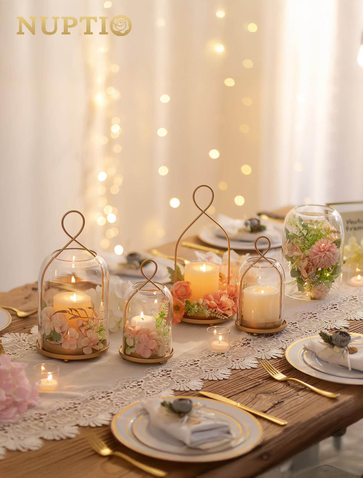 NUPTIO Glass Lanterns Decorative Outdoor: Gold Hurricane Candle Holders for Pillar Candles - Set of 2 Hanging Lantern for Home Thanksgiving Christmas Party Centerpiece