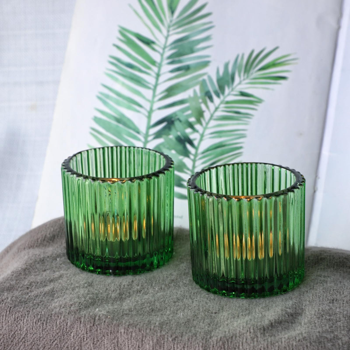 VOHO Large Votive Candle Holders 2.75'' x 2.56'' Set of 6, Ribbed Candle Holder for Votive/Tea Lights Candles, Green Votive Holder for Halloween/Christmas Holiday