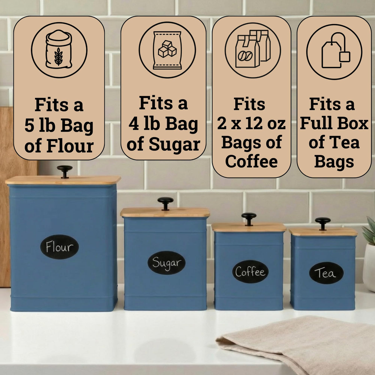 Kitchen Canisters for Countertop Set of 4 with Customizable Chalkboard Labels & Marker Pen - Big Iron Kitchen Canister Set with Airtight Lids - Blue Canisters - Sugar Tea Coffee Containers Sets