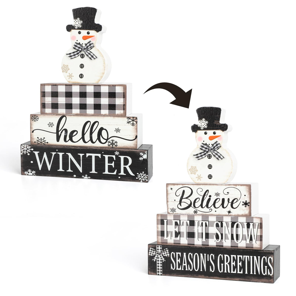 4 Pcs Christmas Decorations Indoor Wooden Snowman Table Sign Decor Table Centerpieces Xmas Merry Christmas Tabletop Block for Holiday Office Desk Tiered Tray Party Shelf Decor Double-sided Pattern