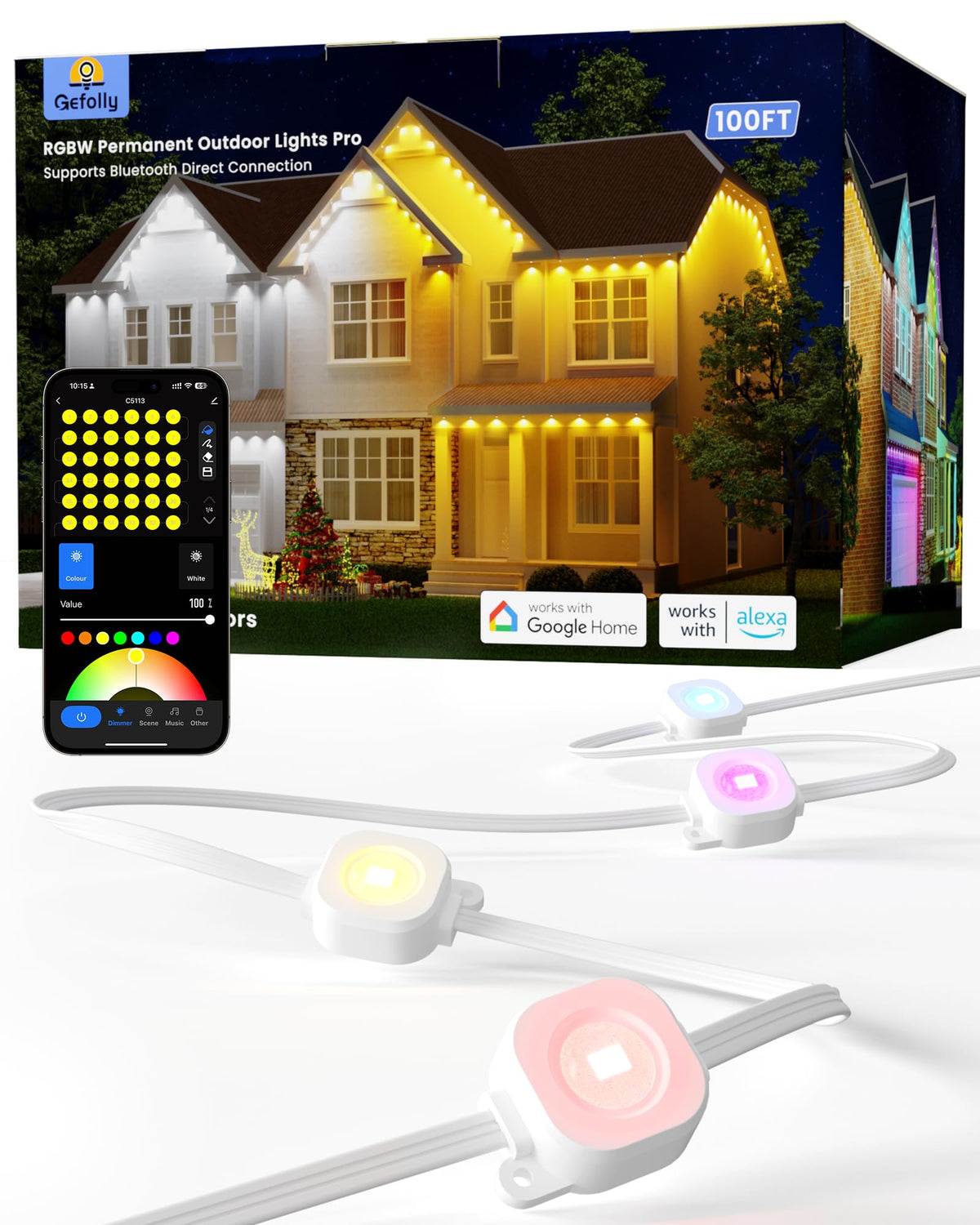Gefolly Permanent Outdoor Lights Pro, 100ft with 60 RGBW Double-LED Lights 111 Scene Modes for Daily, Halloween, Christmas, IP67 Waterproof for Outdoor Decor, Works with Alexa, Google Assistant, White