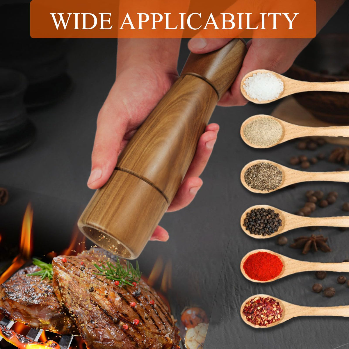 Pepper Grinder, VanlonPro Wooden Pepper Mill Salt Mill, 8 inch tall, Adjustable Coarseness Peppermill and easily refillable, Ceramic Grinding Mechanism