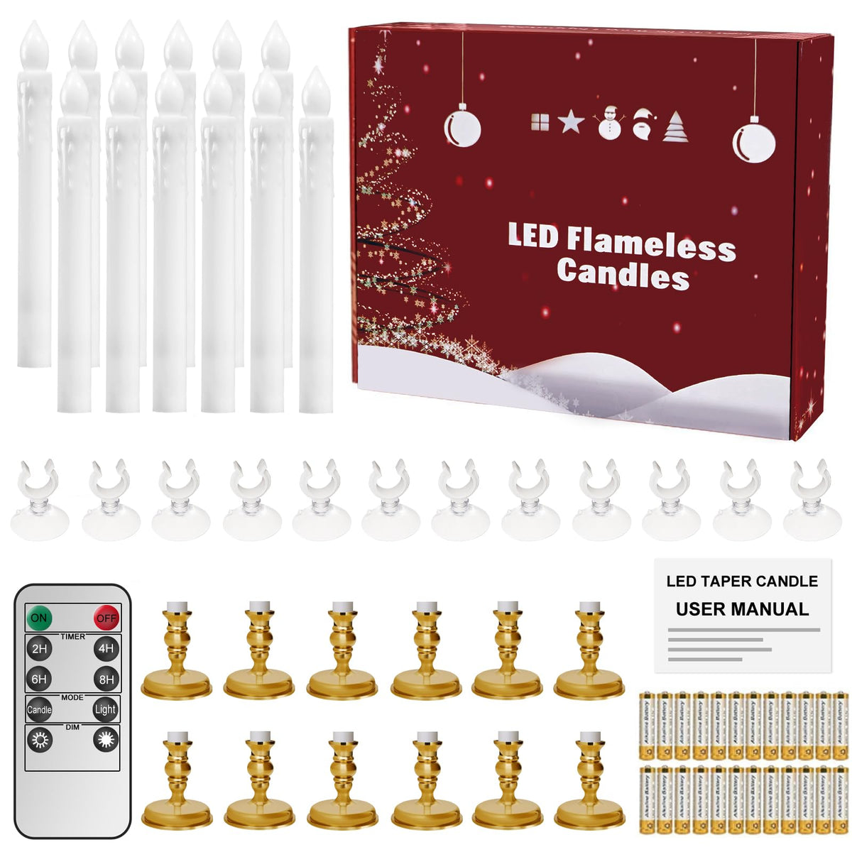 Kithouse 12 Pack Flameless LED Window Candles with Drip Texture,Removable Candle Holders,24 AAA Batteries,Daily Timer,ON/Off Remote,12 Window Suction Cups,Christmas Home Wedding Decor(Gold)