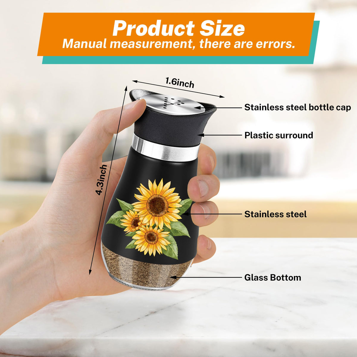 Sunflower Salt and Pepper Shakers Set - 4oz Farmhouse Kitchen Gadget and Accessories Sunflower Gifts for Decor Cooking Table,Housewarming,Thanksgiving,Christmas (Black + White)