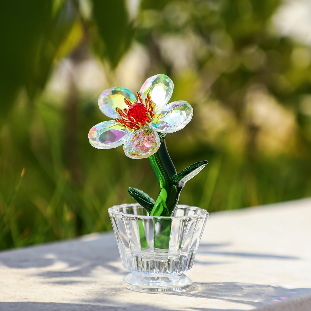 KRISININE Crystal Peach Blossom Mini Ornament Figurine 2.9 * 1.5in Glass Flower Decoration for Home Office for Mom