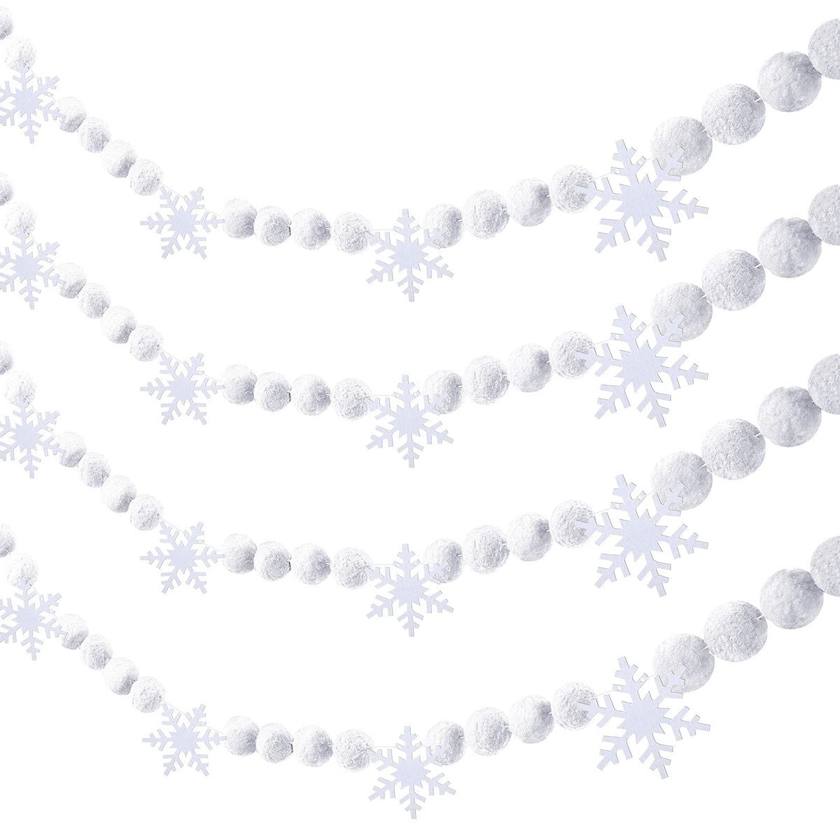 Tegeme 2 Pcs 13.2ft White Felt Pom Pom Garland Christmas Tree Decorations Cute Winter Snowball Snowflake Ornaments Hanging String Pompom Snowball Beads Xmas Holiday Birthday Party Banners