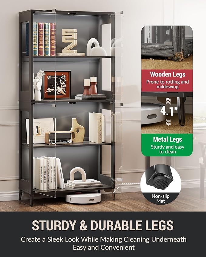 Glass Display Cabinet with Doors, 4-Tier Display Case with Adjustable Shelves