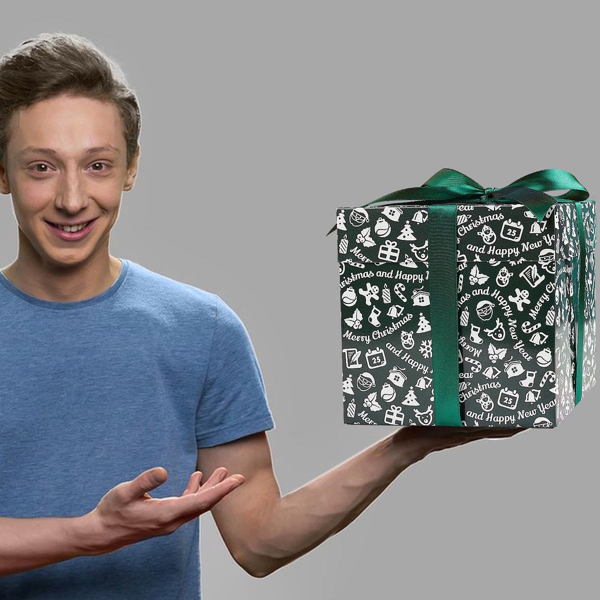 Jaywayang 5 Pack Green Christmas Gift Boxes with Lids, Ribbons and Tissue Papers Square Gift Boxes - 7.1 Inch - Presents Wrapping Christmas Gift Holiday New Year Party Favor Boxes.