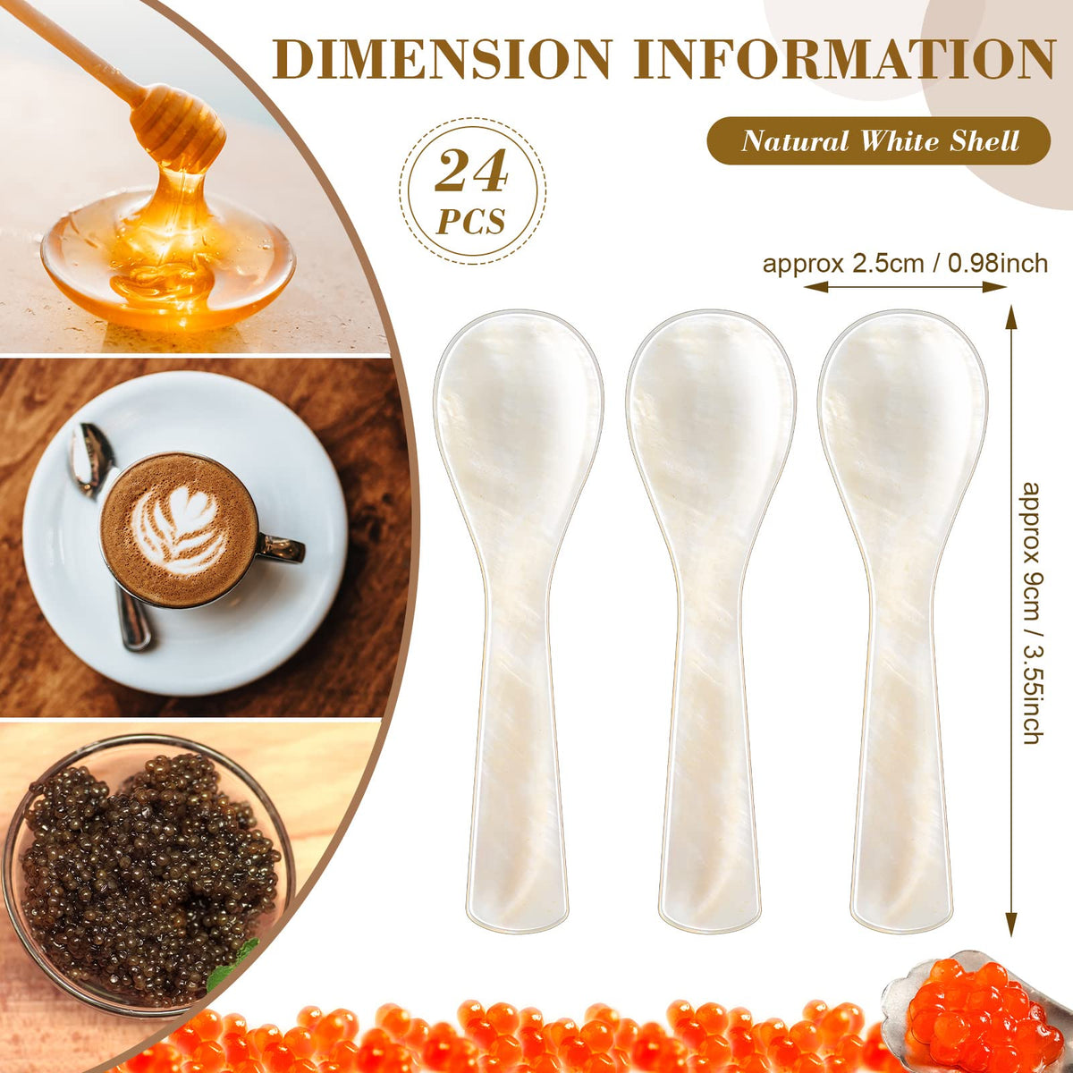 Caviar Spoons Mother of Pearl Mop Spoons with Hand Craft W Round Handle for Caviar, Egg, Ice Cream, Salt, Coffee Serving, Restaurant Serving Set(24 Pieces,3.55 Inch)