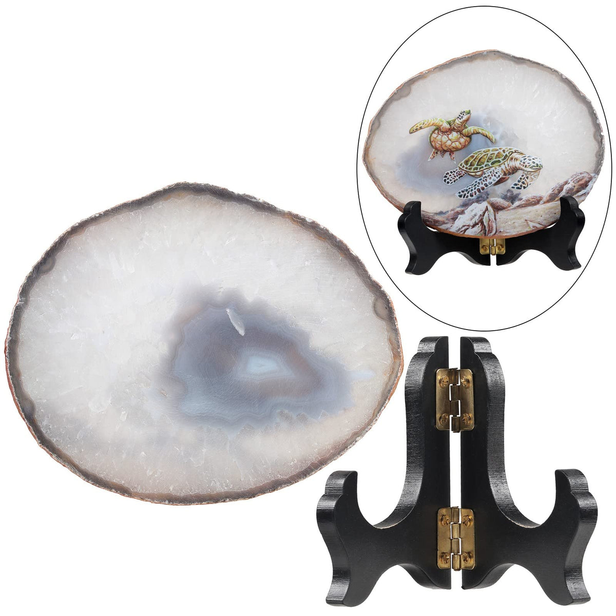 TUMBEELLUWA Natural Irregular Agate Slice Painting Decor with Wooden Stand Agate Geode Slab for Desk Hallway, Sea Turtle