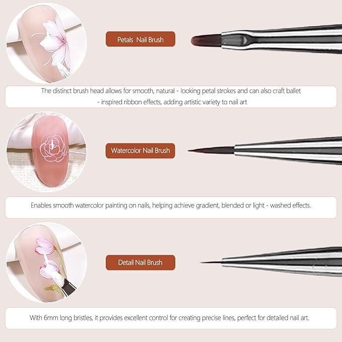 3Pcs Nail Art Brushes Set for Flower Petal Butterfly Drawing, 3D Gel Acrylic