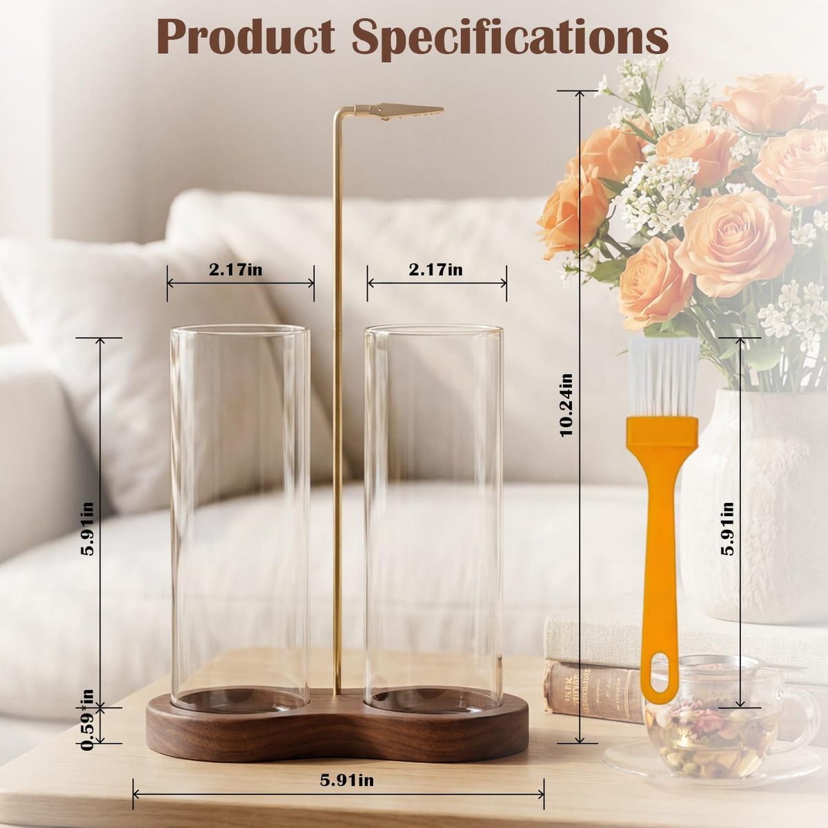 2 in 1 Mess-Free Hanging Incense Holder for Sticks, Anti-Ash Glass Incense Burner with Wooden Tray, Vertical Brass Stand Catcher, Aesthetic Zen Room Decor for Aromatherapy and Meditation