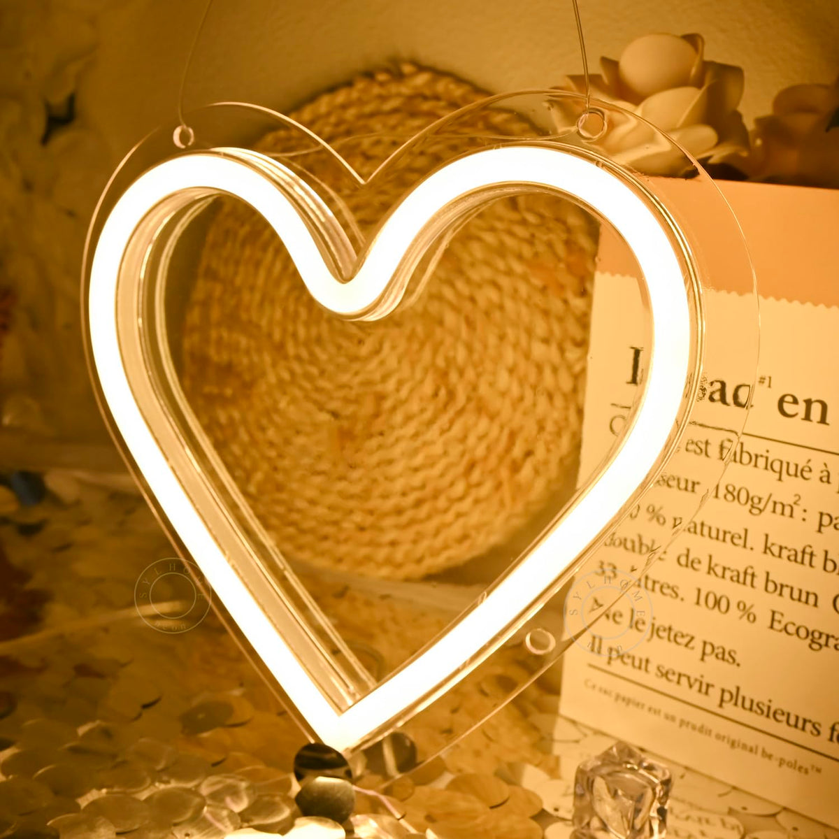 SYLHOME Heart Led Neon Light Sign Battery Operated or USB Powered Bedroom Wedding Wall Sign Decor Valentines Day Birthday Christmas Gifts USB 7.87" X 7.28" Warm White
