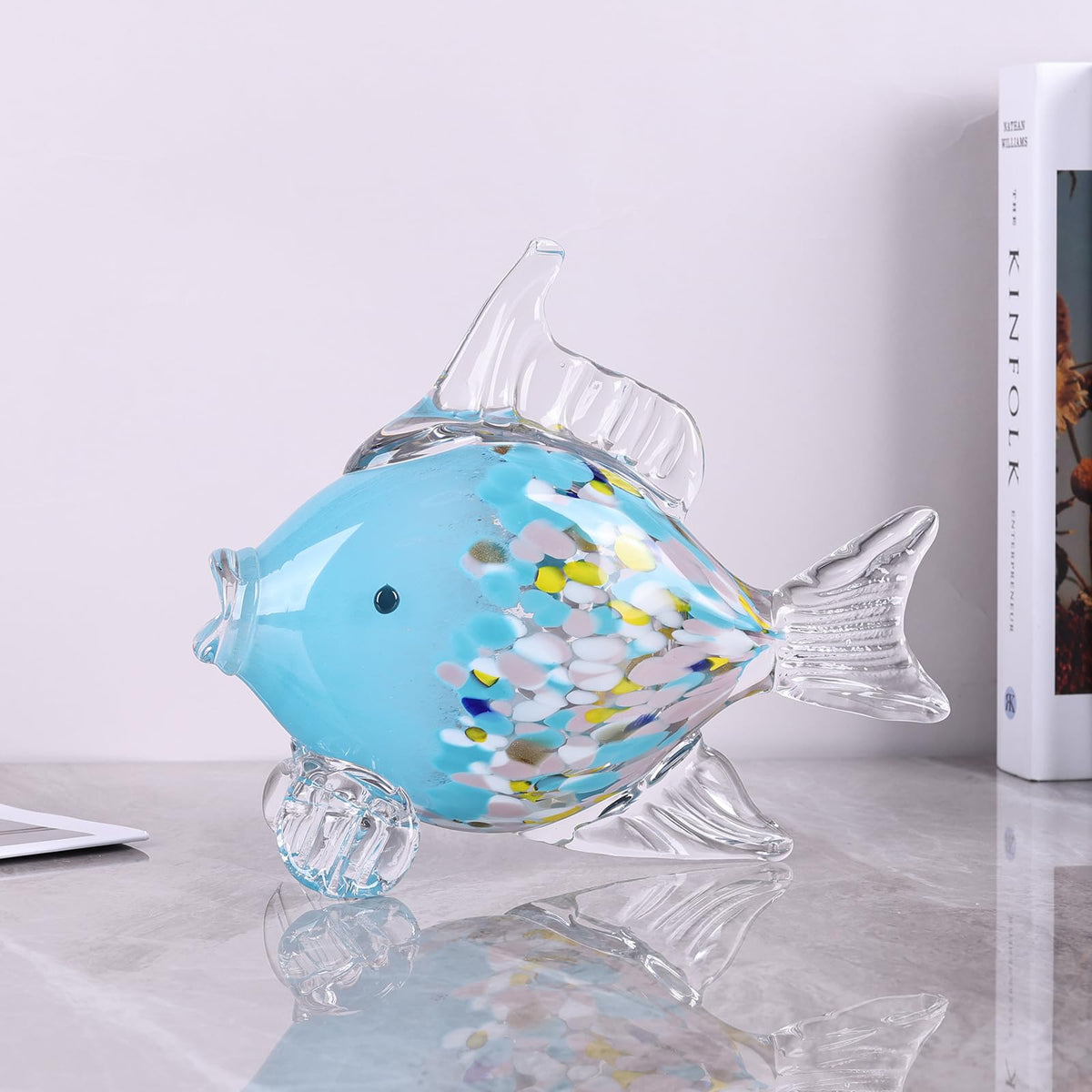 LINYTHER Large Glass Fish Figurine for Home Decor, Hand Blown Art Glass Ocean Animal Statue, Decorative Coastal and Beach Themed Sculpture for Table, Shelf, Bathroom, Living Room or Office