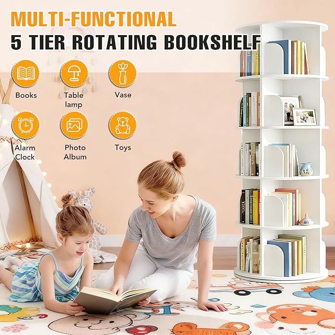 RUNSUNSPRI 5 Tier Rotating Bookshelf Tower, Spinning Bookshelf, Revolving 360°