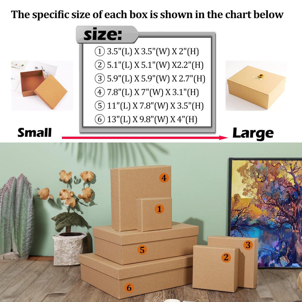 Giftilious Gift Boxes with Lids for Presents, Set of 6 Empty Gift Boxes, Natural and Rustic Kraft Gift Wrap Boxes, Versatile Gift Box for Christmas,Birthday, Anniversaries, Weddings and Any Occasion