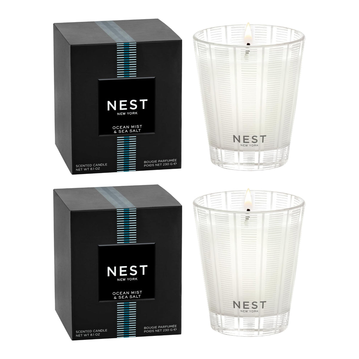 NEST New York Scented Classic Candle Duo, Ocean Mist & Sea Salt - 8.1 oz, Pack of 2 - Up to 60-Hour Burn Time Each - Reusable Glass Vessel