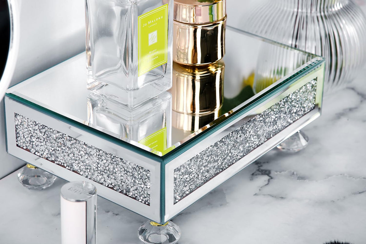 TACIDON Modern Mirrored Riser for Display : Crushed Diamond Decorative Pedestal Stand for Kitchen Counter and Home Decor , Glass Display Tray for Bathroom Soap, Sink, Vase，Perfume (Gold)