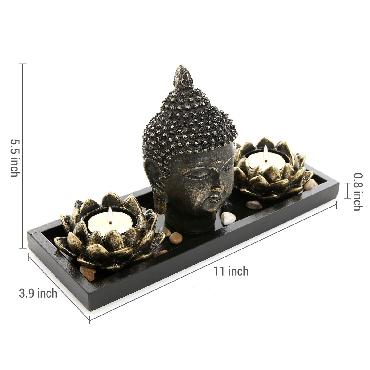 MyGift Black Buddha Head Sculpture Zen Garden Set with Lotus Tealight Candle Holders and Wooden Display Tray, Decorative Tabletop Home Accent