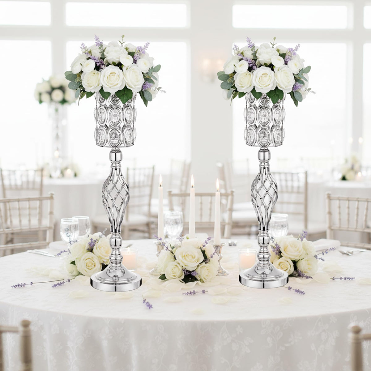 Crystal Wedding Centerpiece Vases for Tables - Set of 2 Metal Silver Vases, 24in Tall Versatile Flower Holders, Elegant Flower Stands for Centerpieces Wedding Party Reception Christmas Home Decor