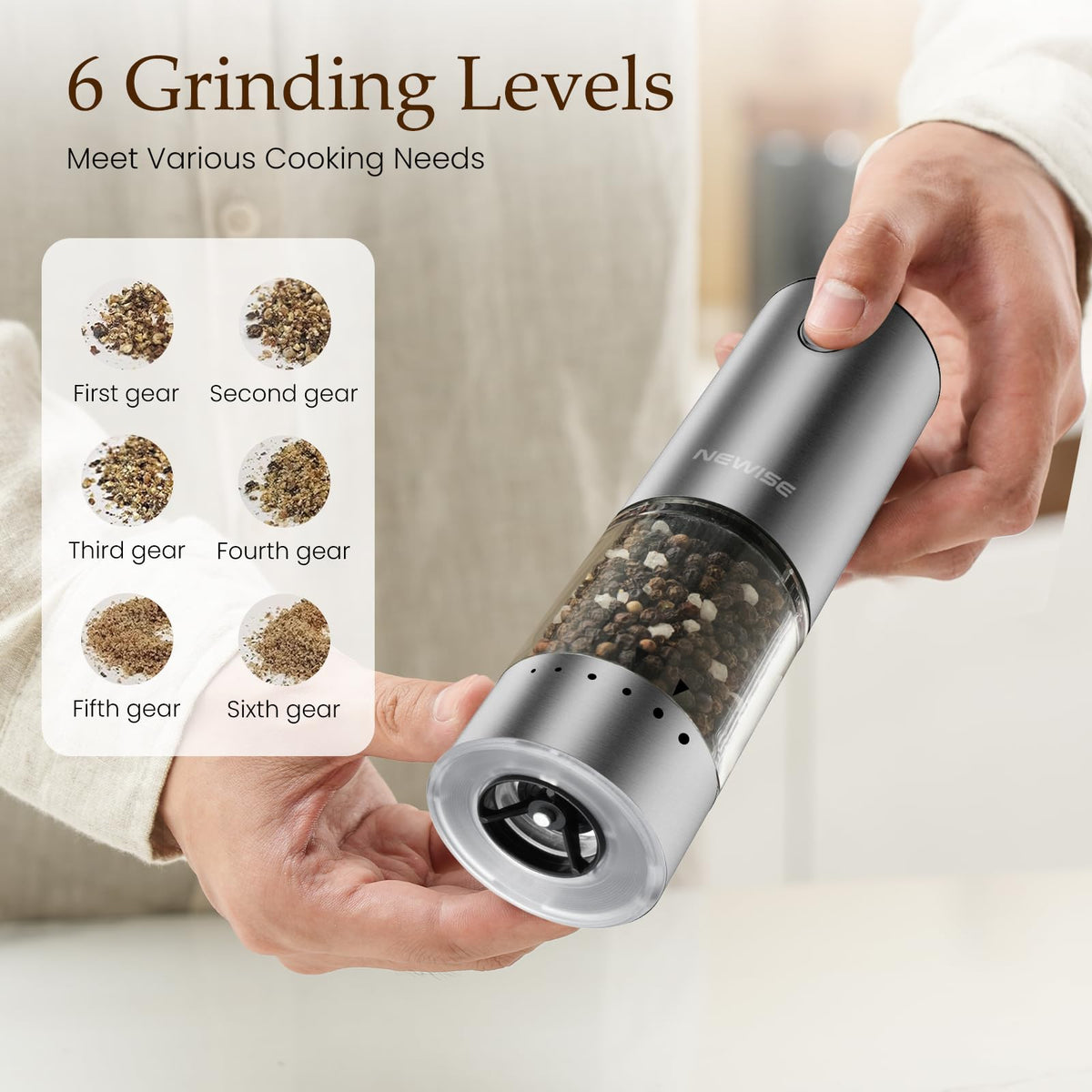 Newise Electric Salt and Pepper Grinder Set - Rechargeable Stainless Steel Salt and Pepper Shakers with LED Lights, Adjustable Coarseness, Large Capacity, Kitchen Appliances Gifts for Women
