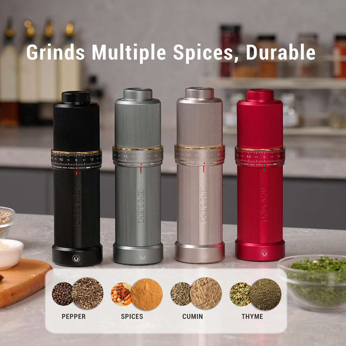 EPSOEPD Heavy Duty Metal Pepper Mill, Silver Gray | Refillable High Output Stainless Steel Pepper Grinder with Adjustable Coarseness Via External Dial & Magnetic Bottom Cover, Top Lock Button for Home