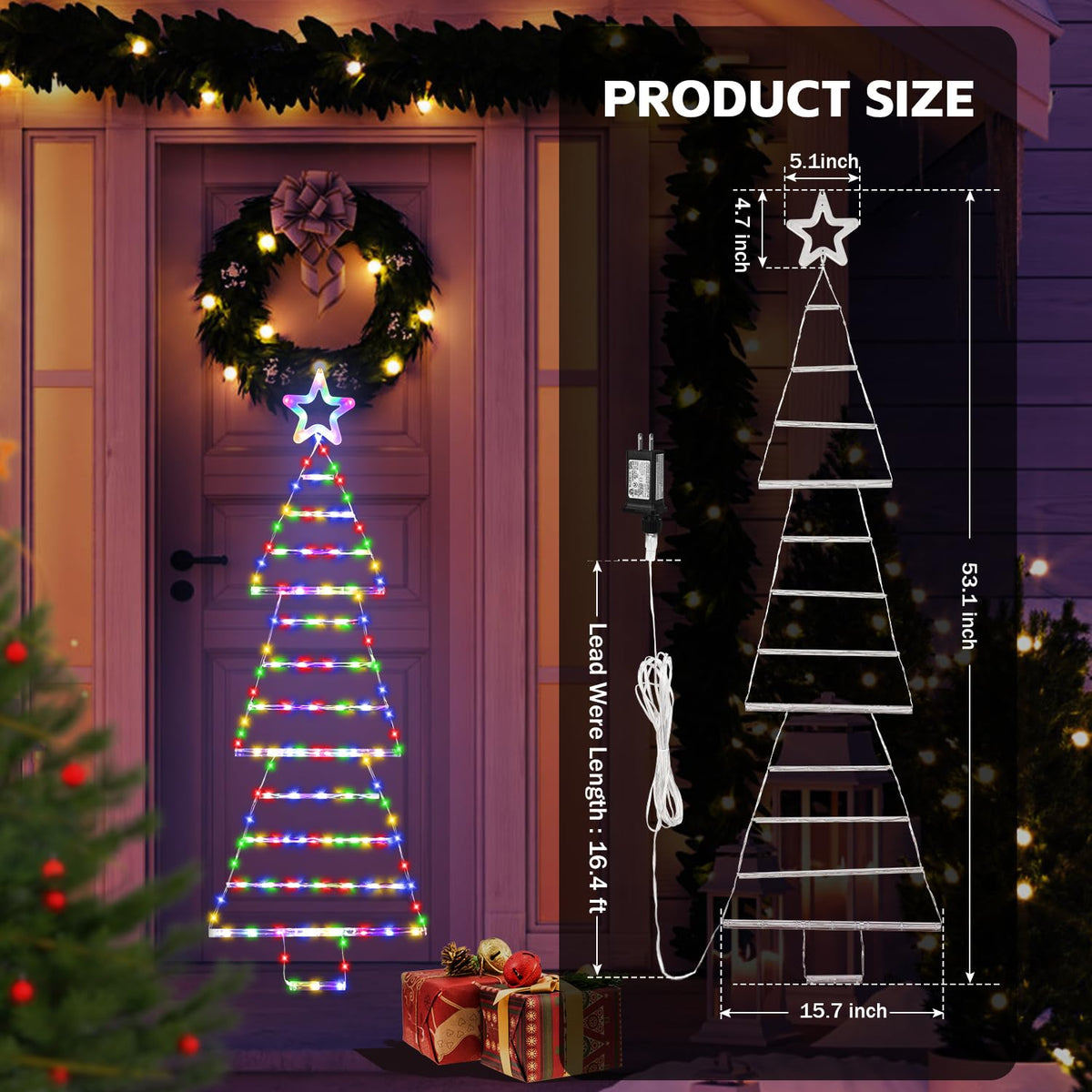 Outdoor Christmas Decorations Lights 4.6ft 175 LED Christmas Tree Ladder Lights with 8 Lighting Modes&Memory Function,Waterproof Christmas Tree Lights for Indoor Outdoor Home Wall Window