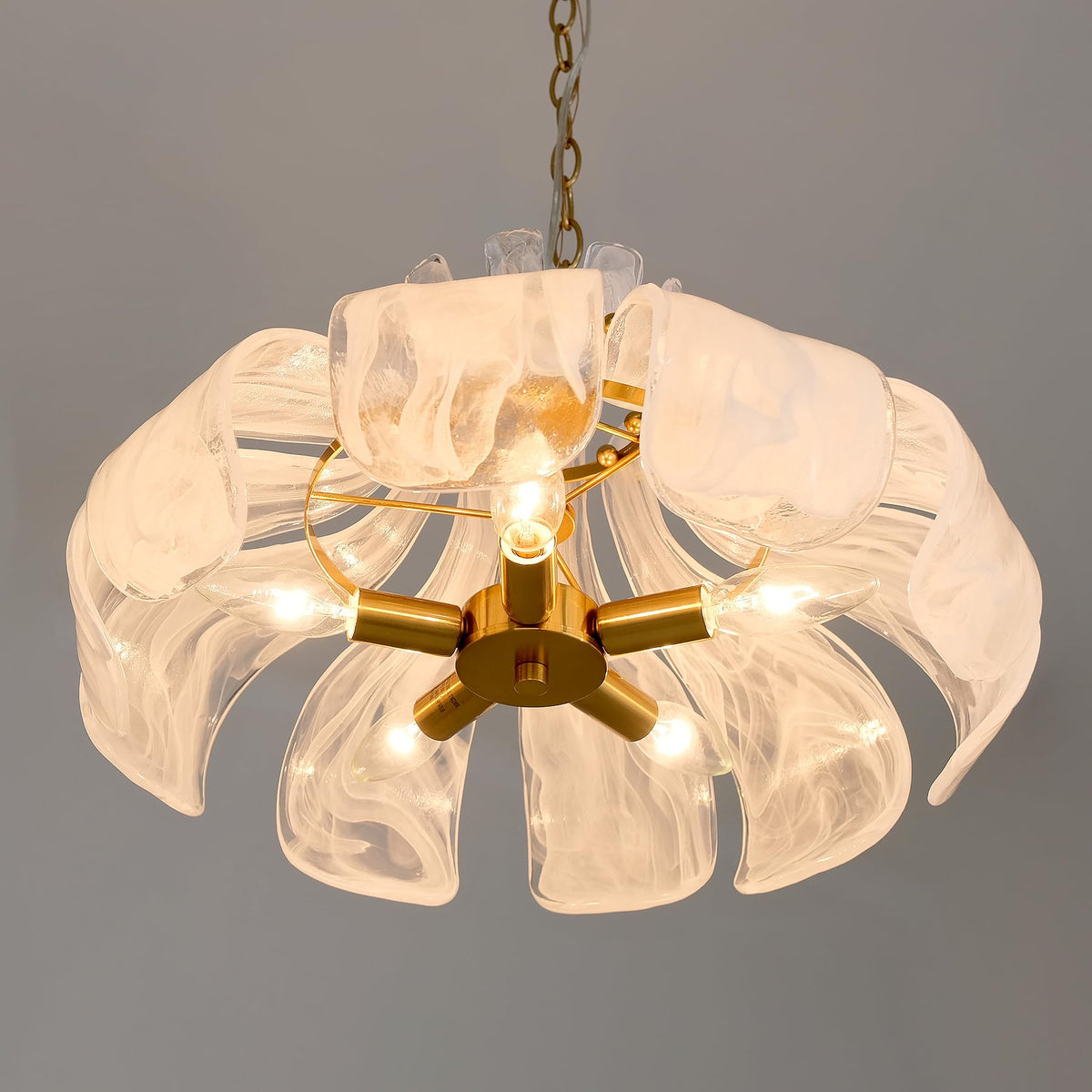 Wrlmfy Hammered Alabaster Glass Chandelier, 18" Hand-Blown Glass Pendant Brass Gold Hanging Lighting Fixture for Kitchen Island Dining Living Room Entryway, E12 Base (Gold & White Hammered Glass)