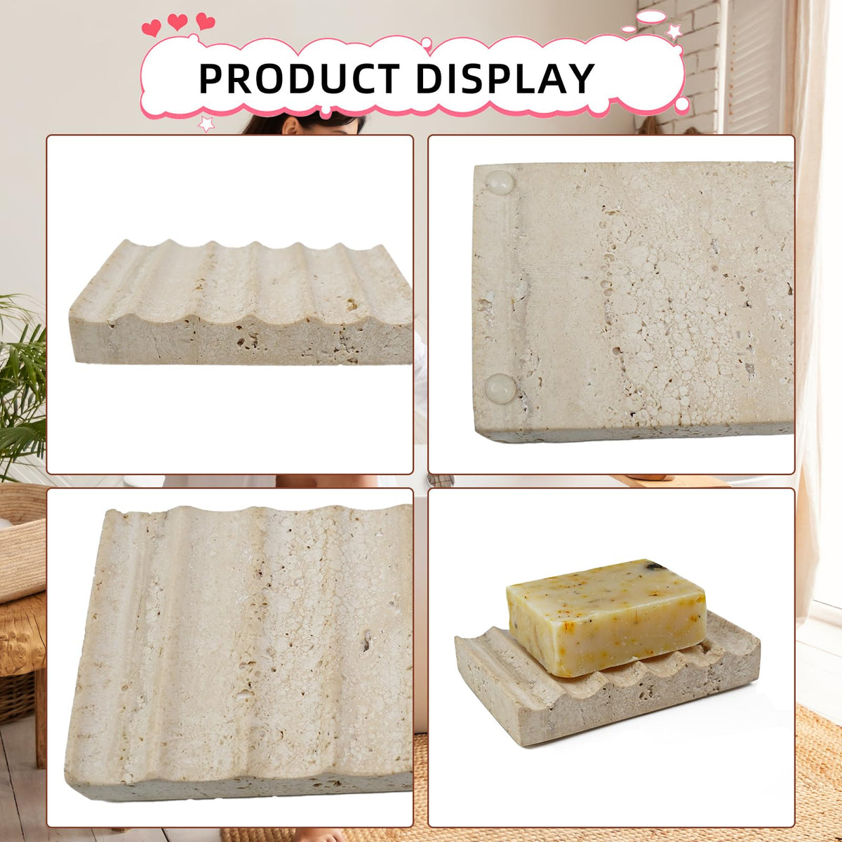 Shonmogar Natural Travertine Soap Dish, Draining Soap Dish for Shower, Stone Bar Soap Holder with Feets,Gorgeous for Soap Tray for Bathroom Shower Kitchen Counter Sink, Beige