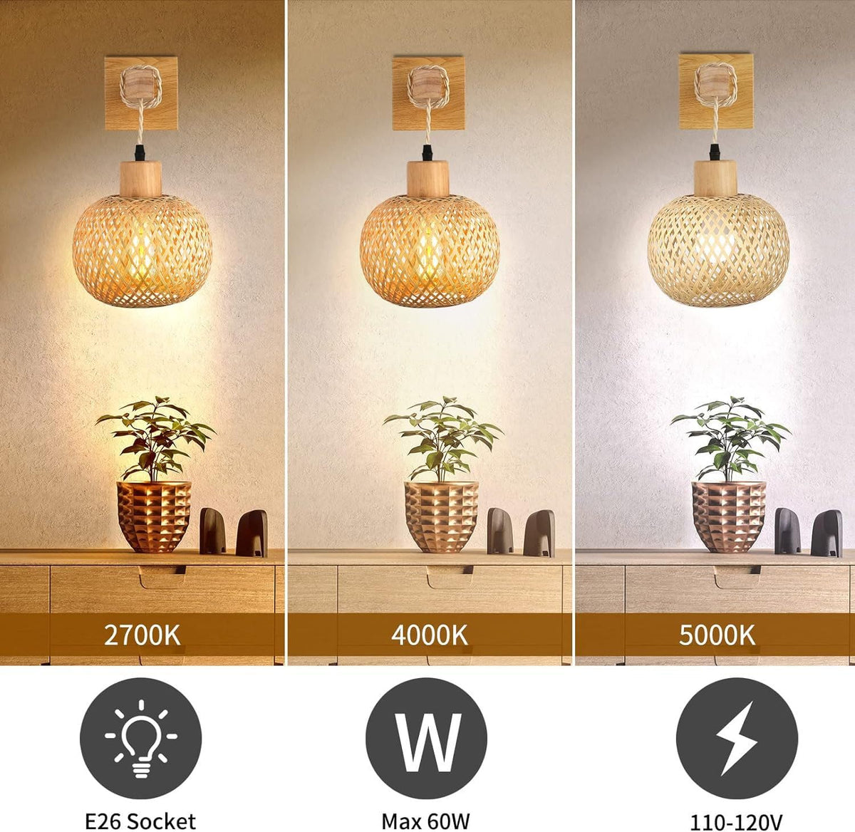 Bagkcopp Rattan Wall Sconce Light,Lamps for Bedroom, Farmhouse Wall Sconces, Wall Mount Light Fixture Indoor, Boho Bedside Wall Sconces for Living Room (Rattan)