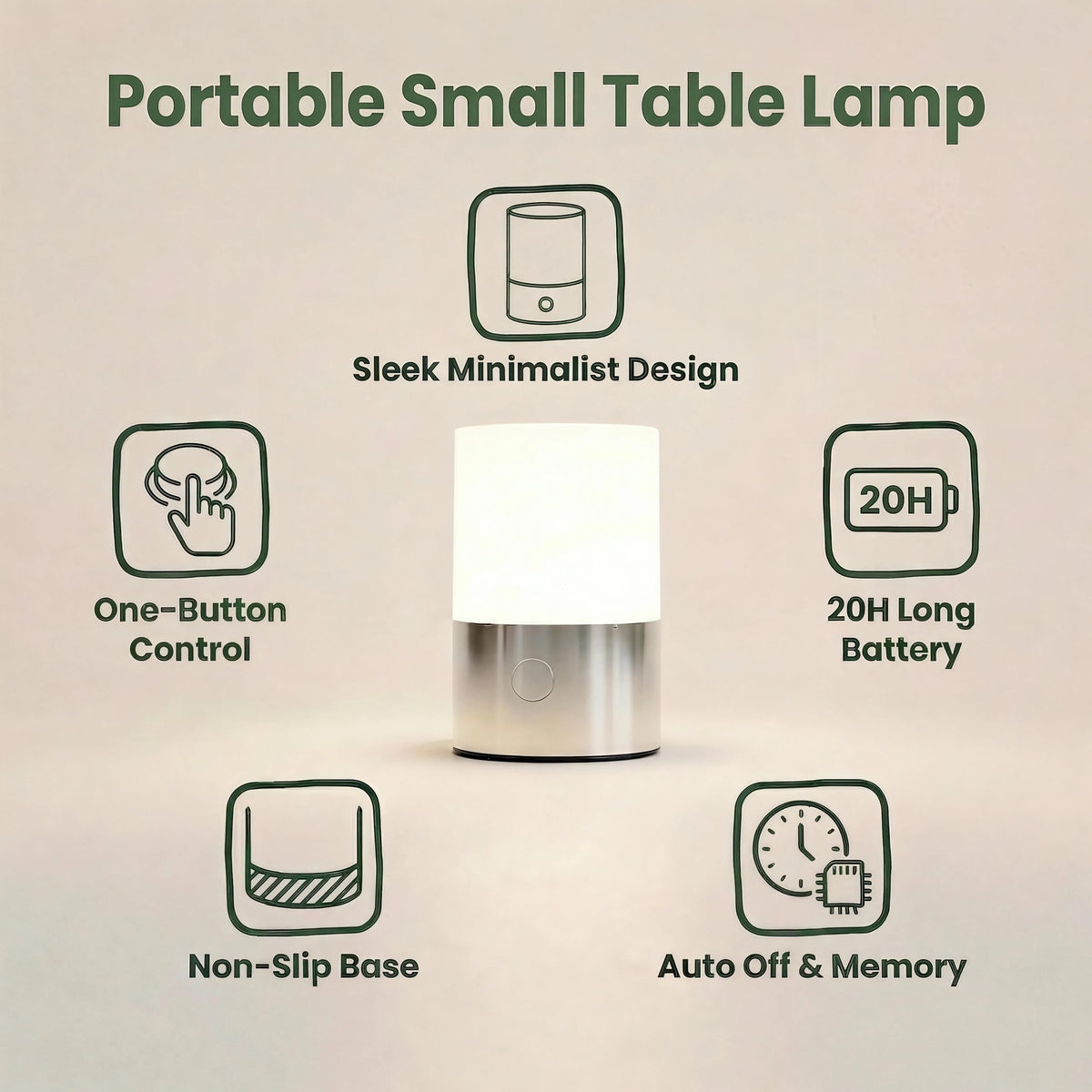 LomakGlow Small Table Lamp - Rechargeable, Portable, Up to 20-Hour Battery Life, 10 Brightness Levels, Auto-Off Timer, Waterproof, Warm Light for Bedside, Travel, Camping & Décor-Nickel Finish