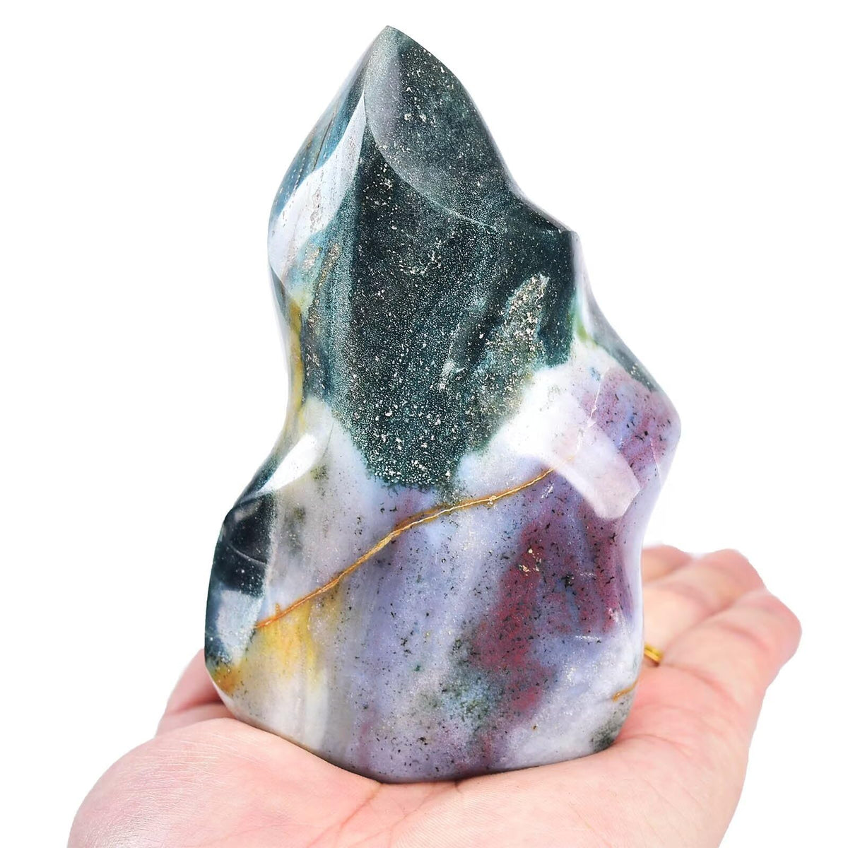 AMOYSTONE Ocean Jasper Flame Shaped Stone Towers Obelisk Natural Healing Crystal Quartz Reiki Energy Decoration Home Office Decor 1.0-1.5LBS