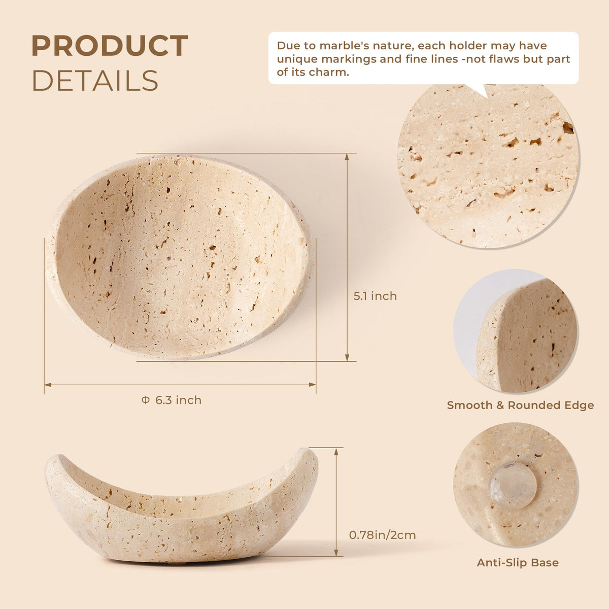 WORHE Candle Holders Italy Premium Natural Travertine Stone Candlestick Holder for Jar Pillar Candles Boat-Shaped Marble Jewelry Tray Centerpiece for Wedding Dining Table Home Decor Beige (WH093)