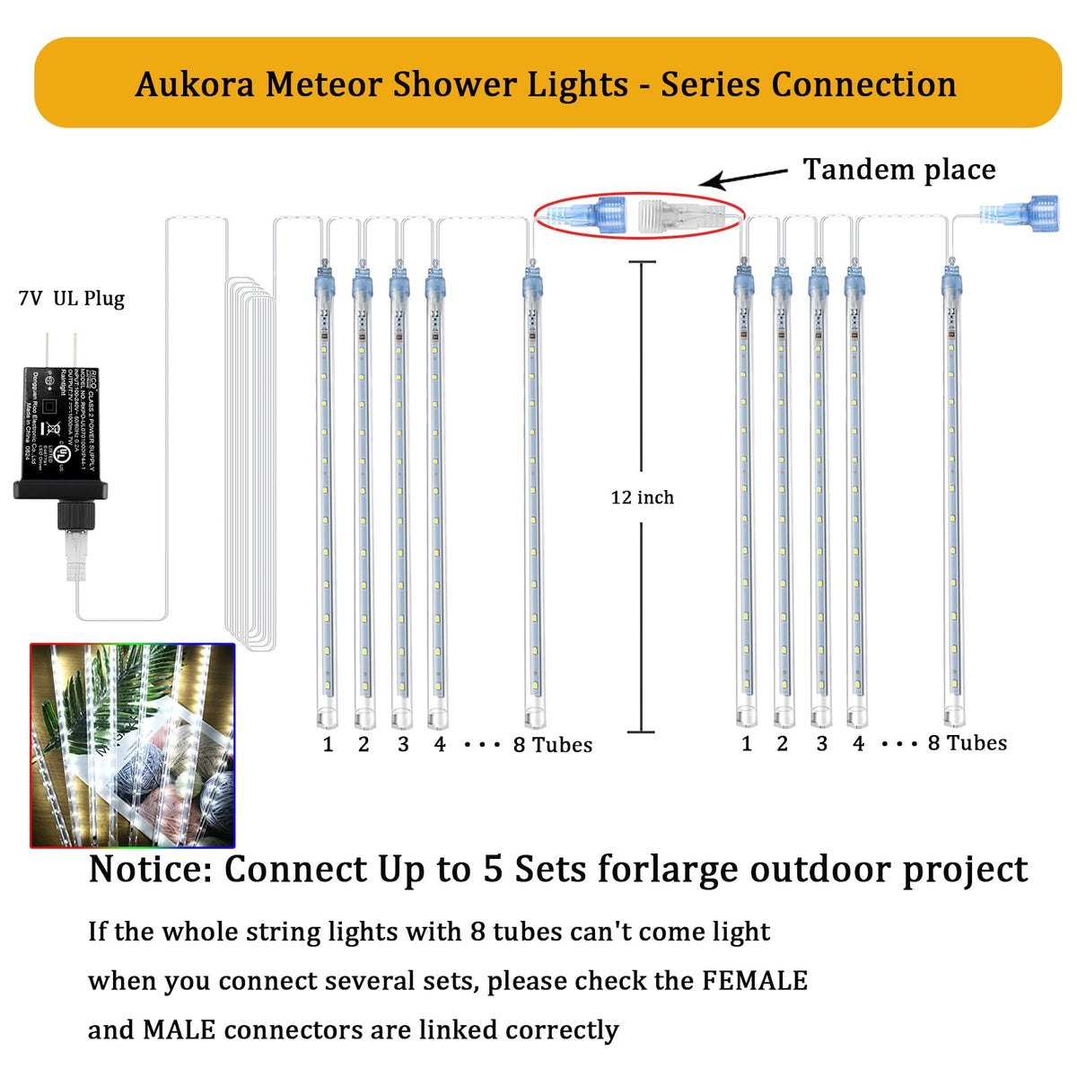 Aukora Christmas Lights Outdoor Meteor Shower Falling Rain Lights 12 inch 8 Tubes 192LED Snowfall Cascading Icicle String Light for Xmas Tree Decor Wedding Party Holiday Window Garden, UL Plug, White