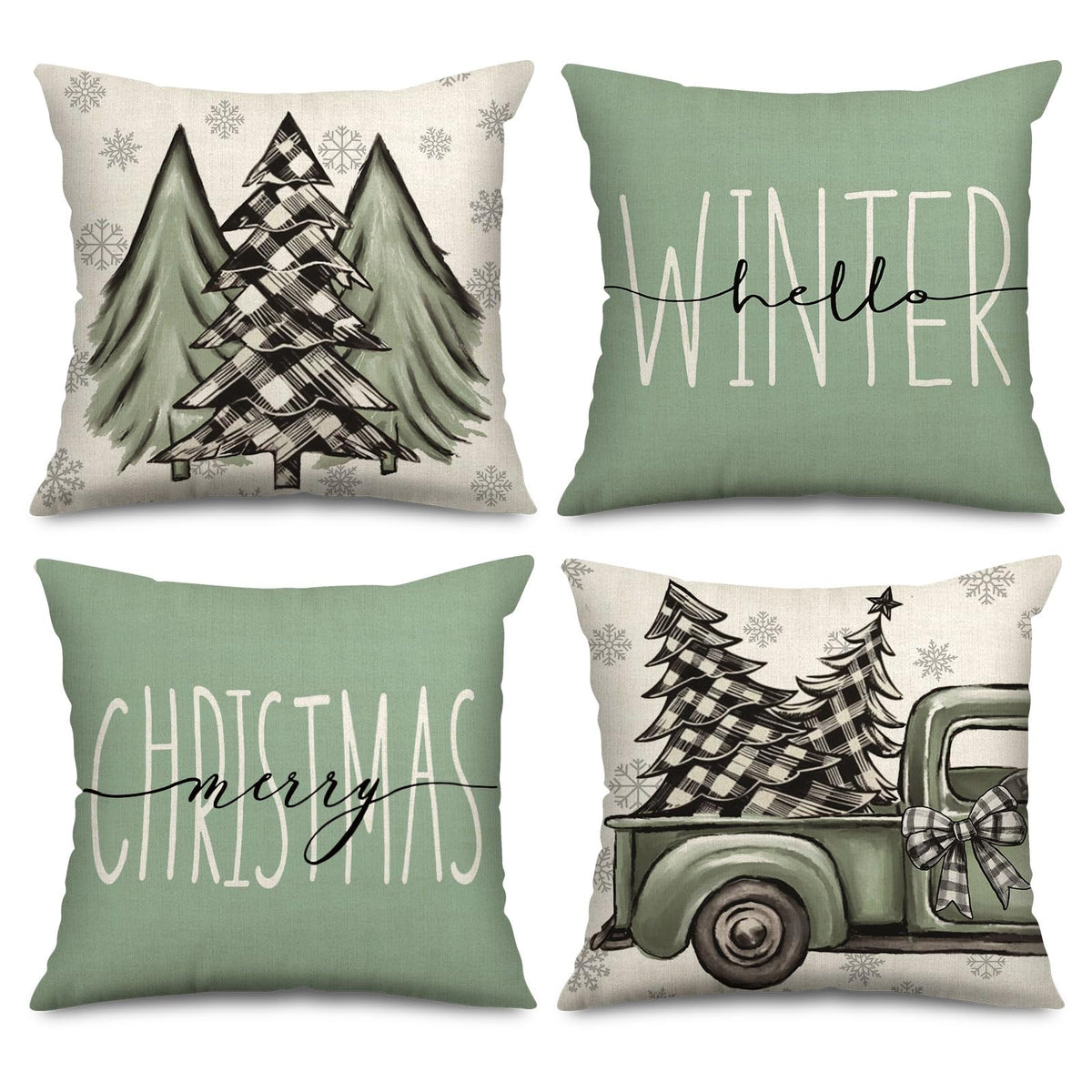 Christmas Throw Pillow Covers Sage Green Christmas Tree Truck Pillow Case Xmas Winter Farmhouse Decorative Cushion Case for Home Office Room Couch Sofa, 18 x 18 Inch, 4 Packs